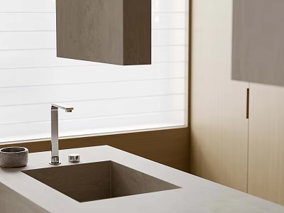 Modern Kitchen Interior With Sleek Sink Countertop Chrome Faucet And Wooden Cabinets 3d model