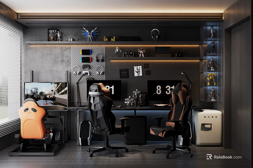 Modern Gaming Room With Racing Chairs Dual Monitors And Gear 3d model 