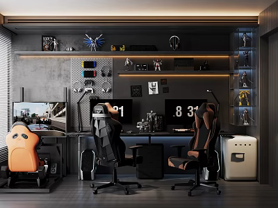 Modern Gaming Room With Racing Chairs Dual Monitors And Gear 3d model
