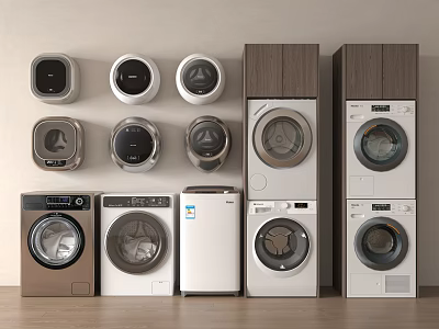 Various Washing Machines In Different Styles And Colors Including Wall Mounted And Freestanding 3d model
