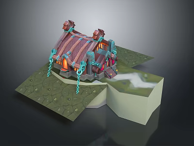 Fantasy Style Cottage With Striped Red Brown Roof Blue Decorations Hanging Chains On Green Ground 3d model