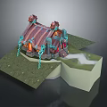 Fantasy Style Cottage With Striped Red Brown Roof Blue Decorations Hanging Chains On Green Ground