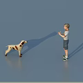 Game Character Boy Standing Holding Object Interacting With Spotted Dog on Blue Surface 3d model