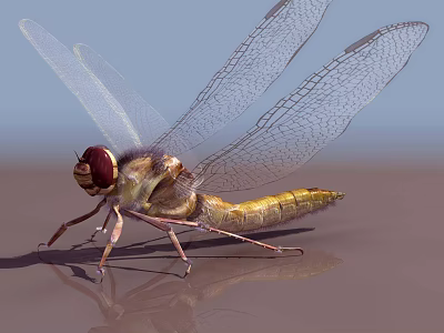 Flying Dragonfly with Transparent Wings Red Eyes and Yellow Body Perched on Reflective Surface 3d model