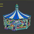 Children Enjoying Colorful Carousel Ride With Blue White Striped Canopy And Lights