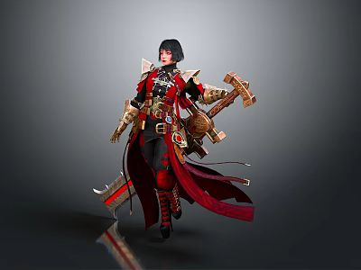 Game Movie Character in Red Black Outfit Holding Axe Sword with Long Hair and Cloak 3d model