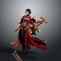Game Movie Character in Red Black Outfit Holding Axe Sword with Long Hair and Cloak