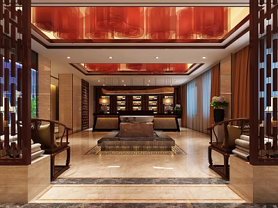 Chinese Style Restaurant Lobby With Red Ceiling Wooden Screens And Marble Floor 3d model