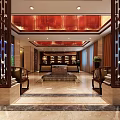 Chinese Style Restaurant Lobby With Red Ceiling Wooden Screens And Marble Floor