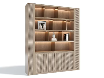 Modern Wooden Decorative Cabinet Featuring Multiple Shelves and Decorative Items with Lattice Panels 3d model