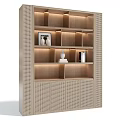 Modern Wooden Decorative Cabinet Featuring Multiple Shelves and Decorative Items with Lattice Panels