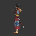 Anime Character With Black Hair In Red Kimono Blue Circular Patterns Yellow Belt And Sword