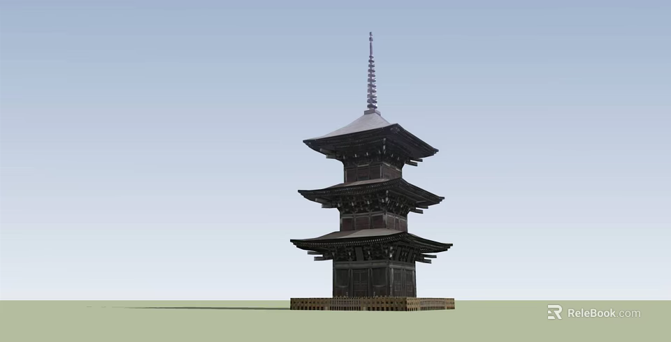 Traditional Multi Tiered Tower With Dark Roof Spire Top And Ancient Stone Base Structure 3d model 