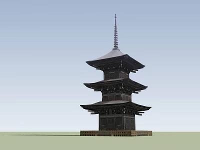 Traditional Multi Tiered Tower With Dark Roof Spire Top And Ancient Stone Base Structure 3d model