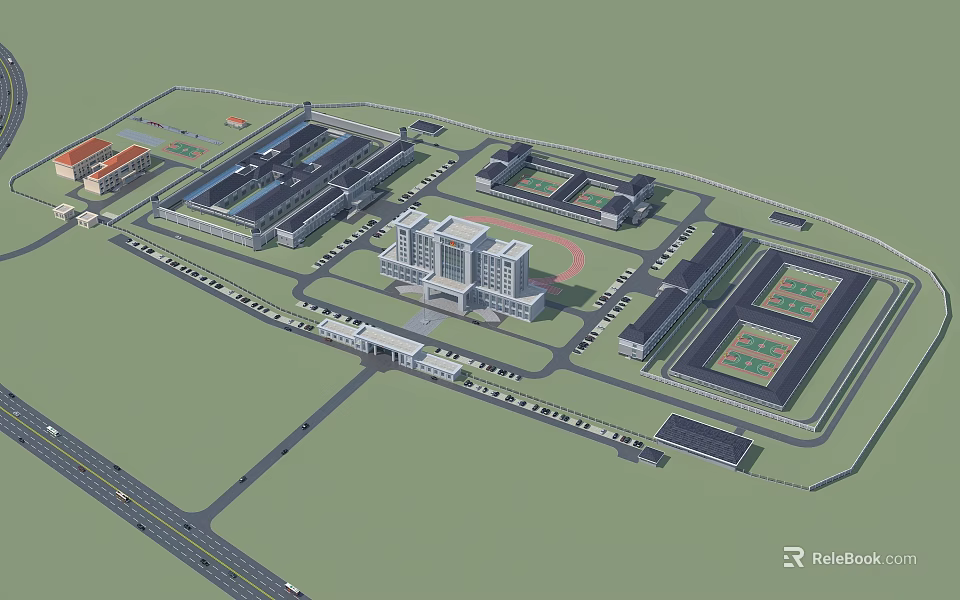 Aerial View of Campus Layout with Multiple Buildings and Sports Fields 3d model 