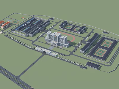 Aerial View of Campus Layout with Multiple Buildings and Sports Fields 3d model