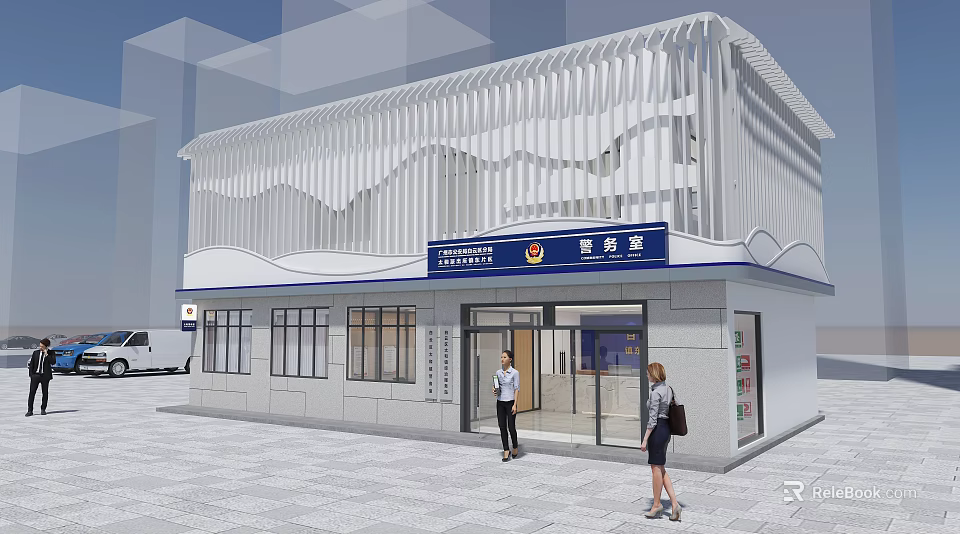 Community Police Office Building Exterior With White Wavy Design Blue Signage And People At Entrance 3d model 