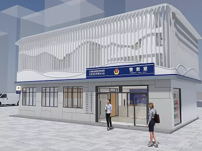 Community Police Office Building Exterior With White Wavy Design Blue Signage And People At Entrance 3d model