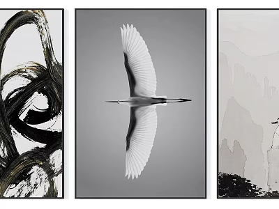 Black And White Artwork Collection With Flying Egret And Abstract Paintings 3d model