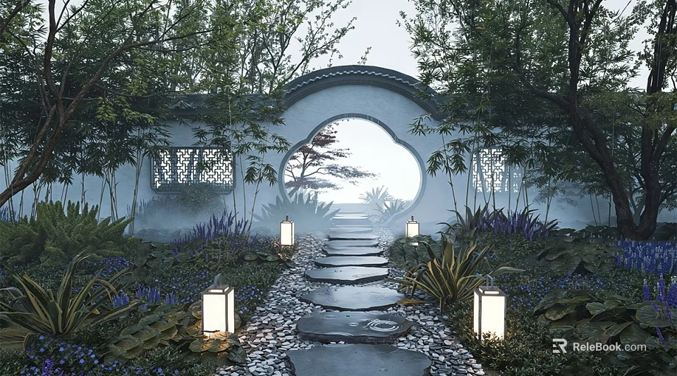 Chinese Courtyard Garden With Arched Moon Gate Stone Path Lanterns Lush Green Plants And Mist 3d model 