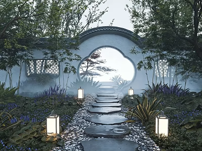 Chinese Courtyard Garden With Arched Moon Gate Stone Path Lanterns Lush Green Plants And Mist 3d model