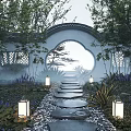 Chinese Courtyard Garden With Arched Moon Gate Stone Path Lanterns Lush Green Plants And Mist