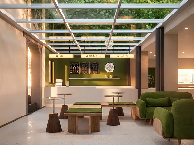Modern Dessert Shop Interior With Glass Ceiling Green Plants Lush Seating And Cozy Ambience 3d model