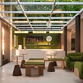 Modern Dessert Shop Interior With Glass Ceiling Green Plants Lush Seating And Cozy Ambience