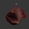 Brown Anglerfish Creature Sculpture With Open Mouth Sharp Teeth And Lure On Head