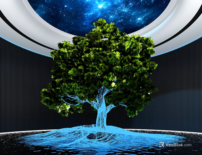 Enchanting Art Installation Featuring Lush Green Tree With Blue Root Network And Starry Sky Ceiling 3d model 