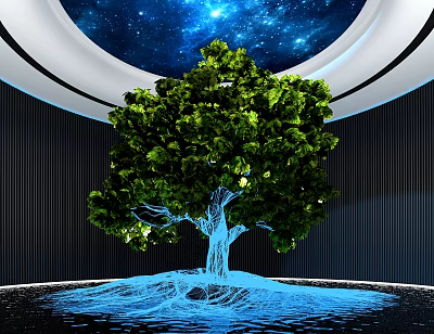 Enchanting Art Installation Featuring Lush Green Tree With Blue Root Network And Starry Sky Ceiling 3d model