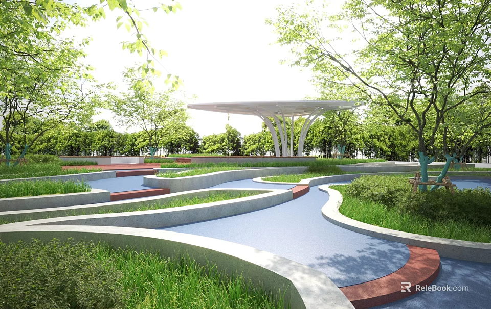 Park Landscape With Curved Pathways Lush Lawns Green Trees And Covered Pavilion 3d model 
