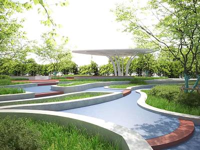 Park Landscape With Curved Pathways Lush Lawns Green Trees And Covered Pavilion 3d model