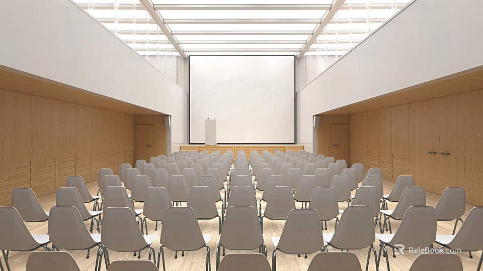 Spacious Bright Conference Room With Gray Chairs Large Screen And Wooden Walls 3d model 