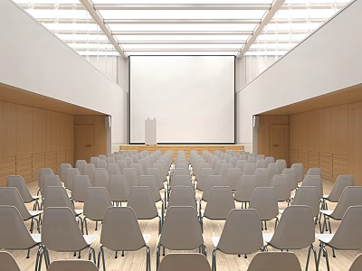 Spacious Bright Conference Room With Gray Chairs Large Screen And Wooden Walls 3d model