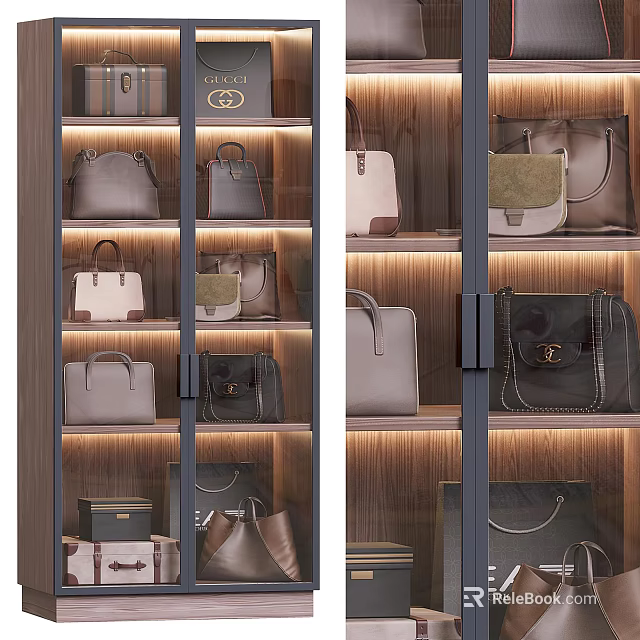 Stylish Leather Bags And Suitcases Display In Illuminated Wooden Cabinet With Various Styles 3d model 
