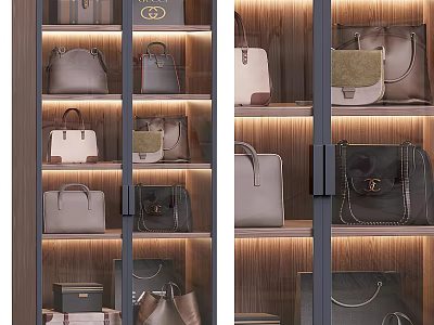 Stylish Leather Bags And Suitcases Display In Illuminated Wooden Cabinet With Various Styles 3d model