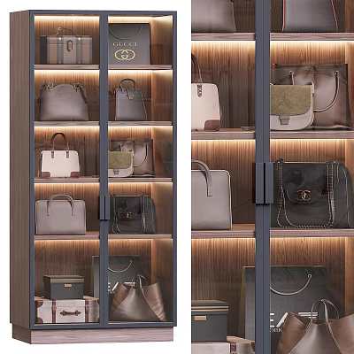 Stylish Leather Bags And Suitcases Display In Illuminated Wooden Cabinet With Various Styles 3d model