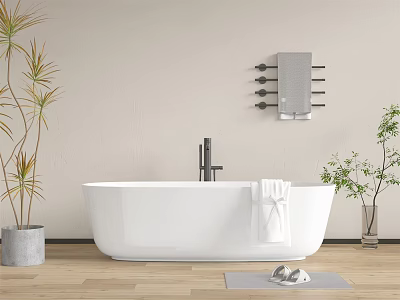 Stylish White Freestanding Bathtub in Bathroom with Wooden Floor Green Plants Towel Rack and Slippers 3d model