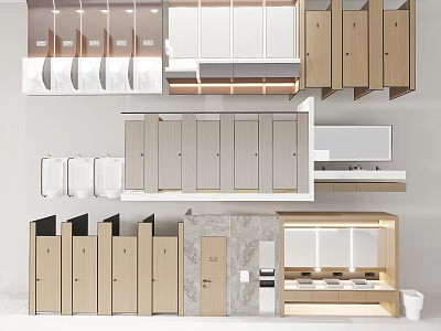 Public Restroom Modern Interior Design With Wooden Stalls Sinks And Lockers Facilities 3d model