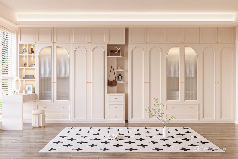 Modern White Wardrobe Design With Glass Doors Multiple Cabinets And Open Shelves 3d model 