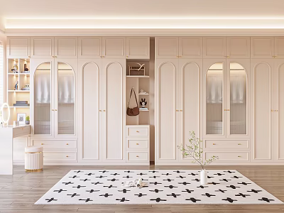 Modern White Wardrobe Design With Glass Doors Multiple Cabinets And Open Shelves 3d model