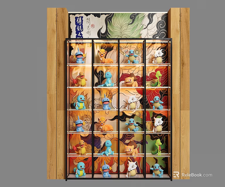 Grid Shelf Display Case with Action Figures and Decorative Painting 3d model 