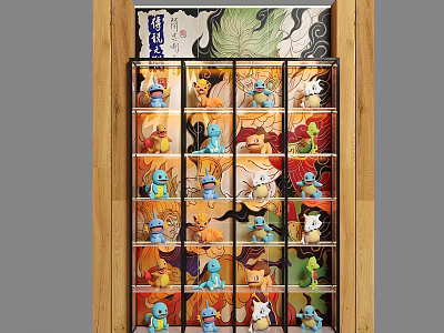 Grid Shelf Display Case with Action Figures and Decorative Painting 3d model