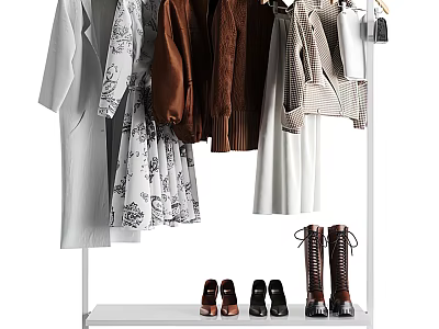 Stylish Clothes Hanging On White Clothing Rack With Various Shoes Displayed Below 3d model