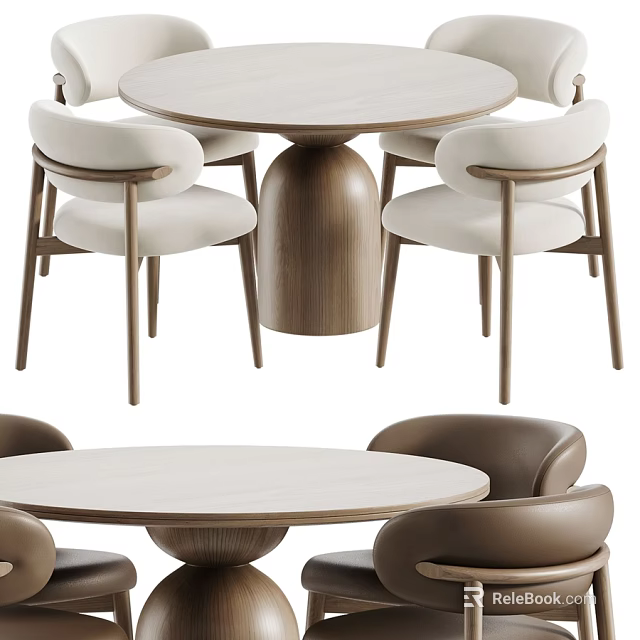 Modern Round Natural Wood Dining Table And Chair Combination With Stylish Soft Upholstered Seats 3d model 