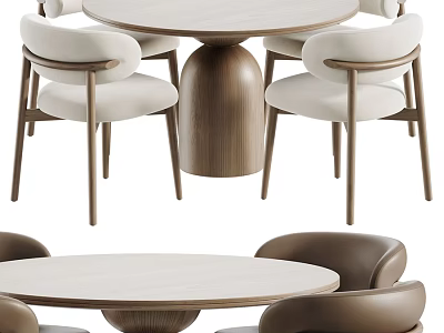 Modern Round Natural Wood Dining Table And Chair Combination With Stylish Soft Upholstered Seats 3d model