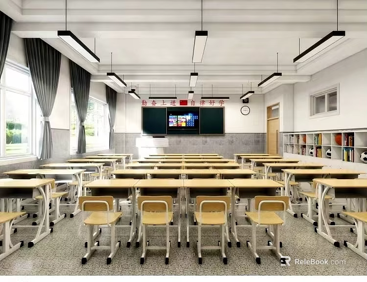 Bright School Classroom Interior With Desks Chairs Blackboard And Bookshelves 3d model 