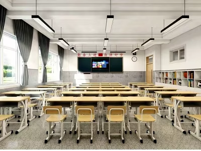 Bright School Classroom Interior With Desks Chairs Blackboard And Bookshelves 3d model