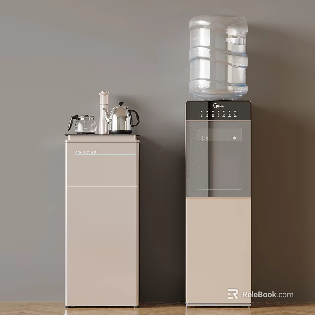 Sleek Modern Water Dispenser And Cabinet With Small Appliances And Water Bottle 3d model 